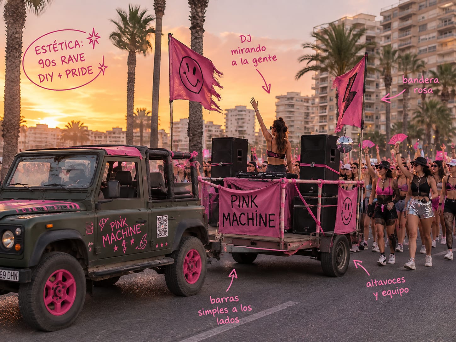 Concepto visual del Jeep y remolque Pride de Marco Polo Expediciones para el desfile de Benidorm